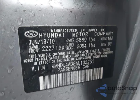 2010 Hyundai Elantra Gls z USA, uszkodzony, nr VIN KMHDU4AD8AU132251
